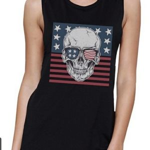 Womens muscle tee , black ,  Patriotic  Skull